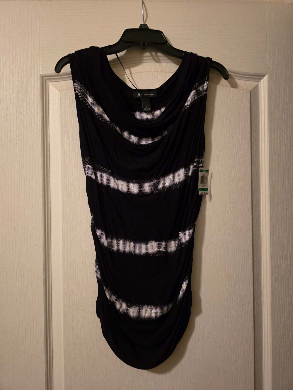 INC International Concepts Sleeveless Ruched Sequin Top Black White Large